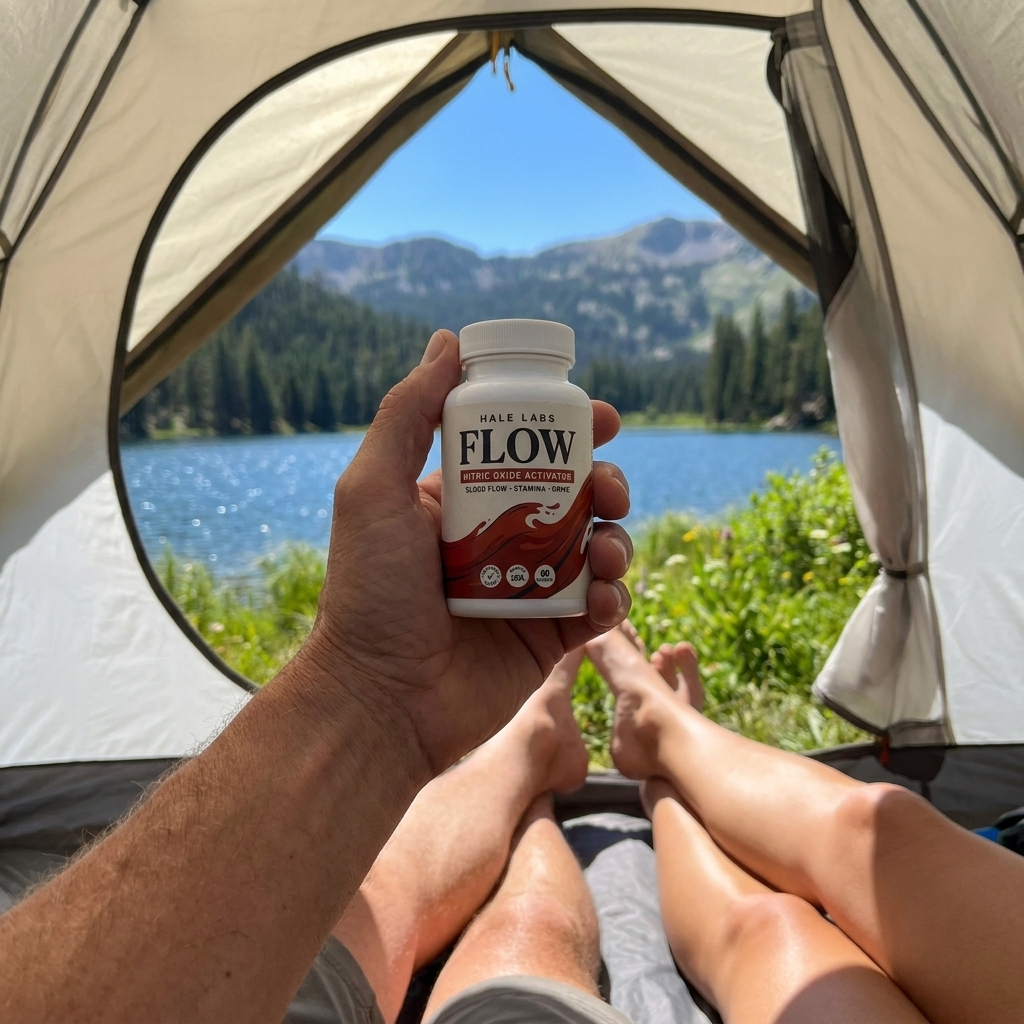 Flow bottle held outdoors by the lake